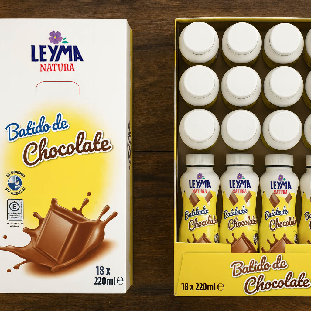 Diseño de packaging para batido de chocolate Leyma